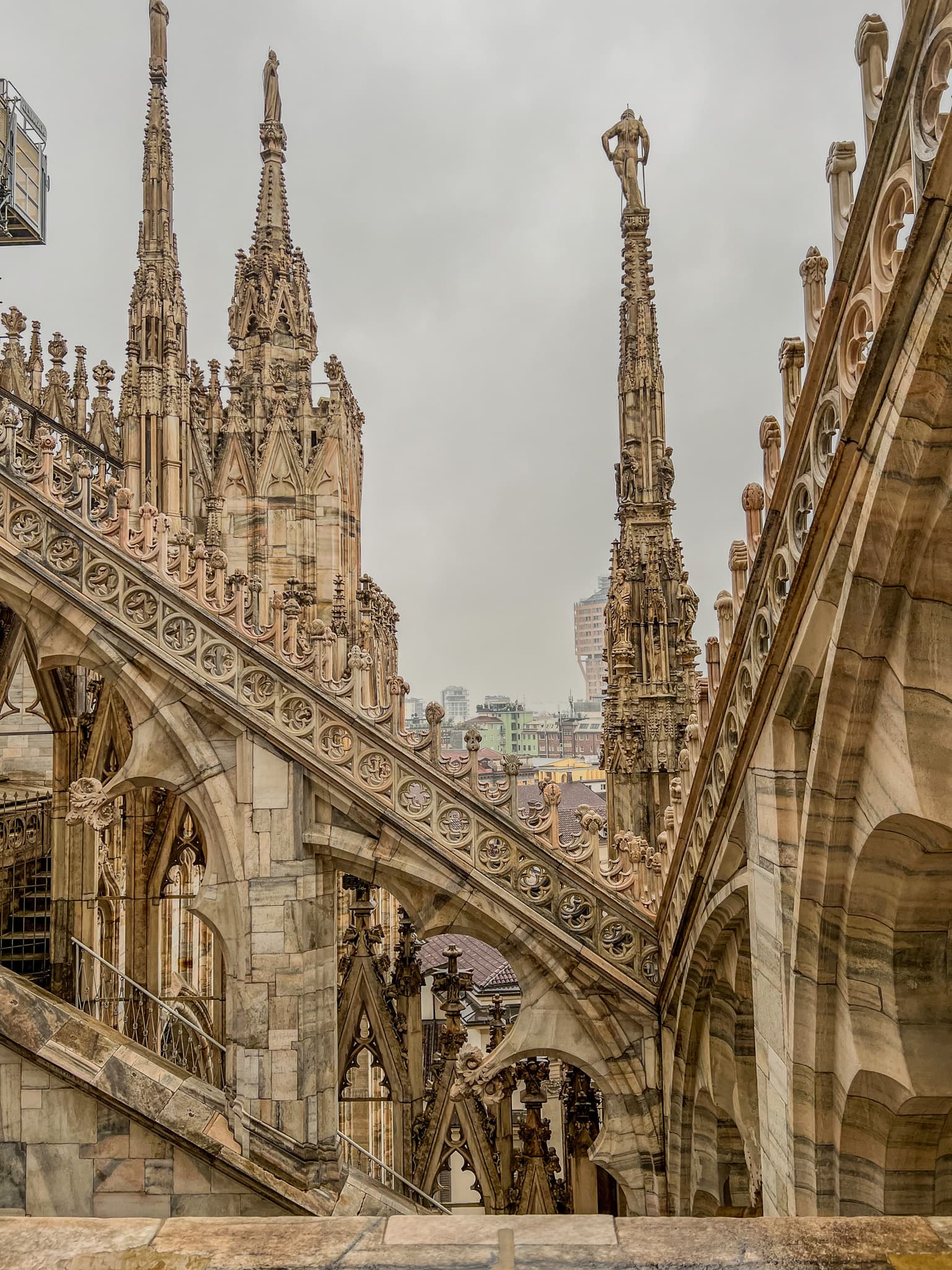 Carved spires and flying buttresses on the cathedral roof