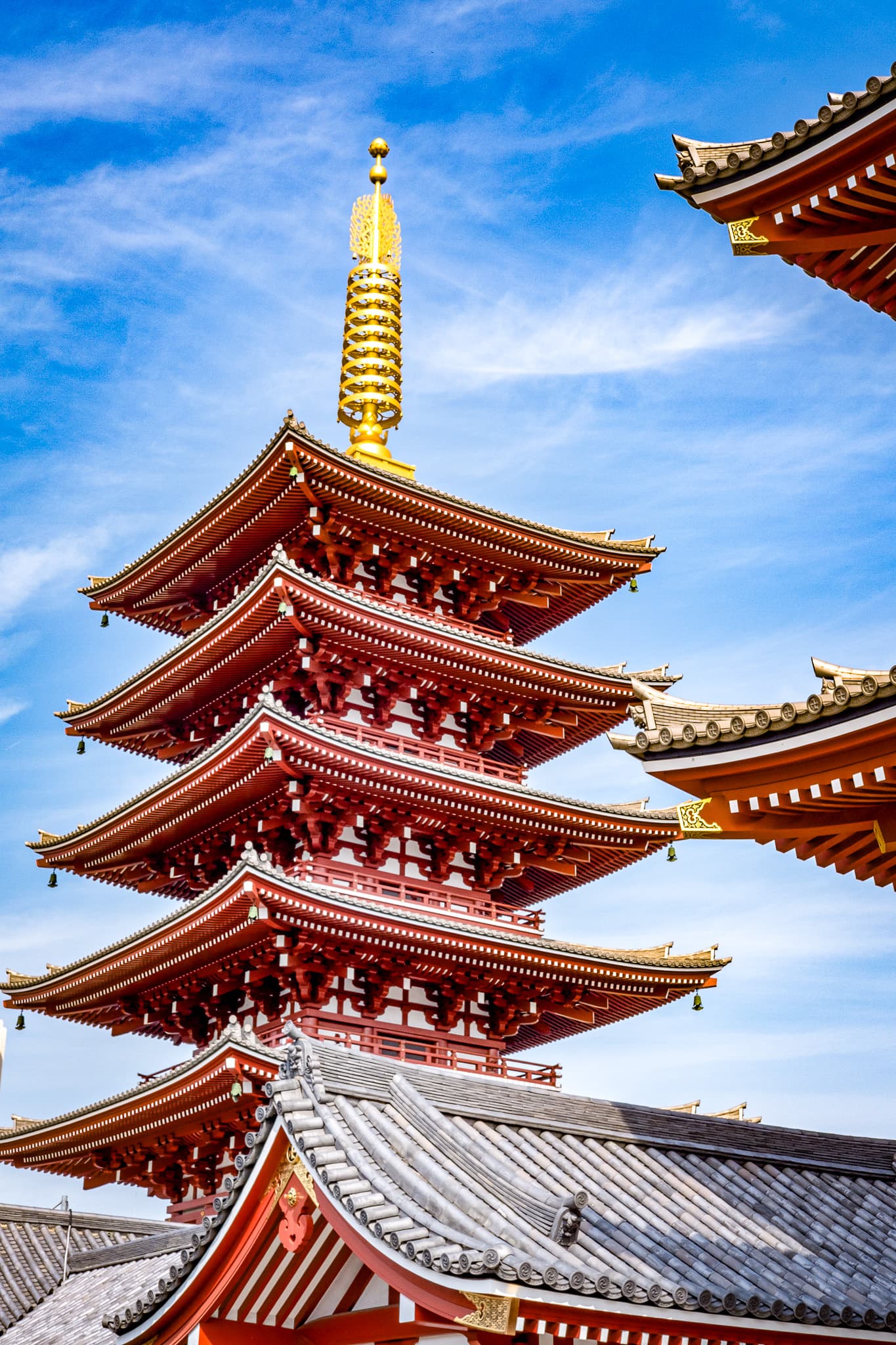 Five-story pagoda with a gold spire