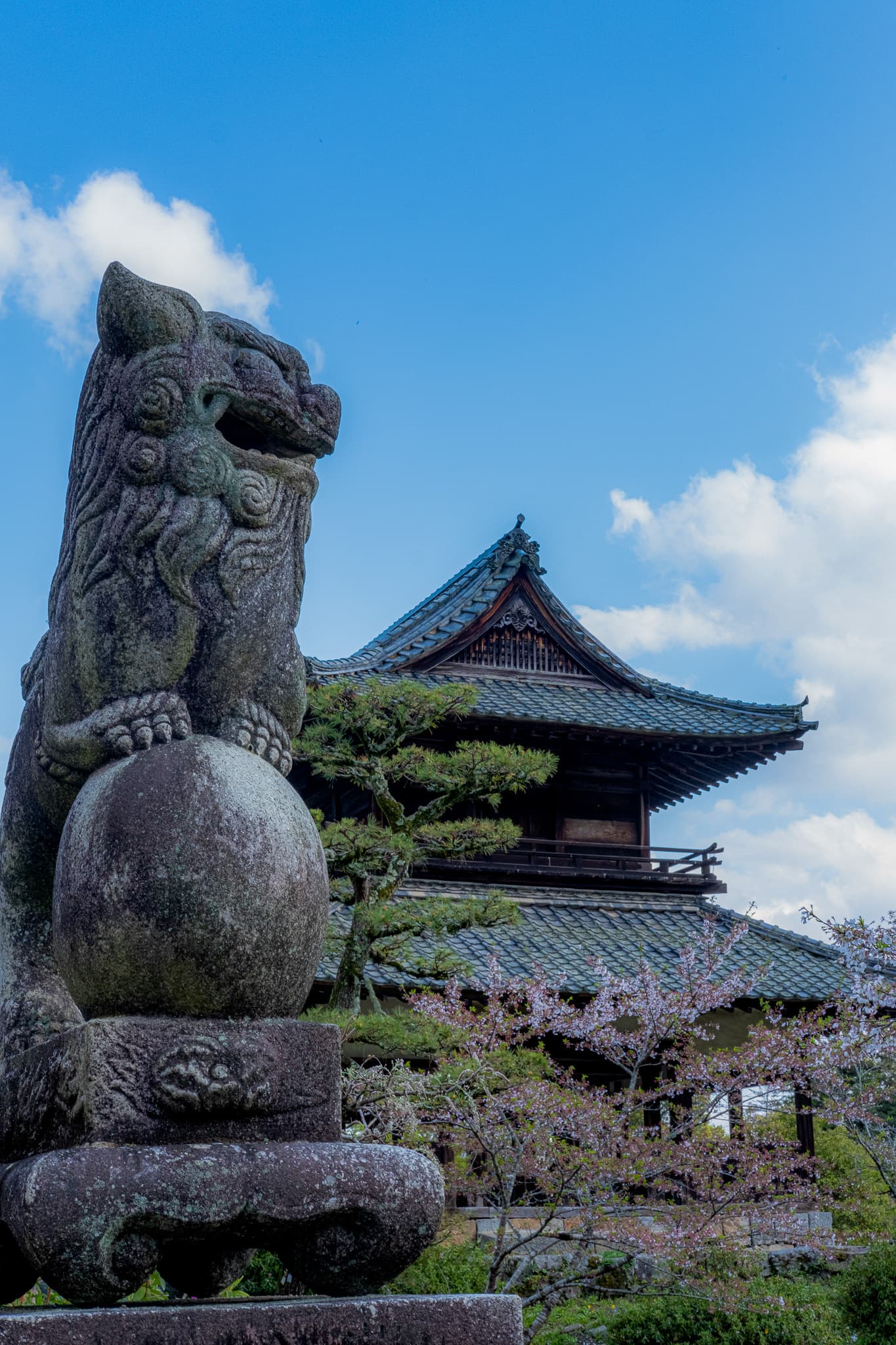 Stone guardian lion in front of a temple