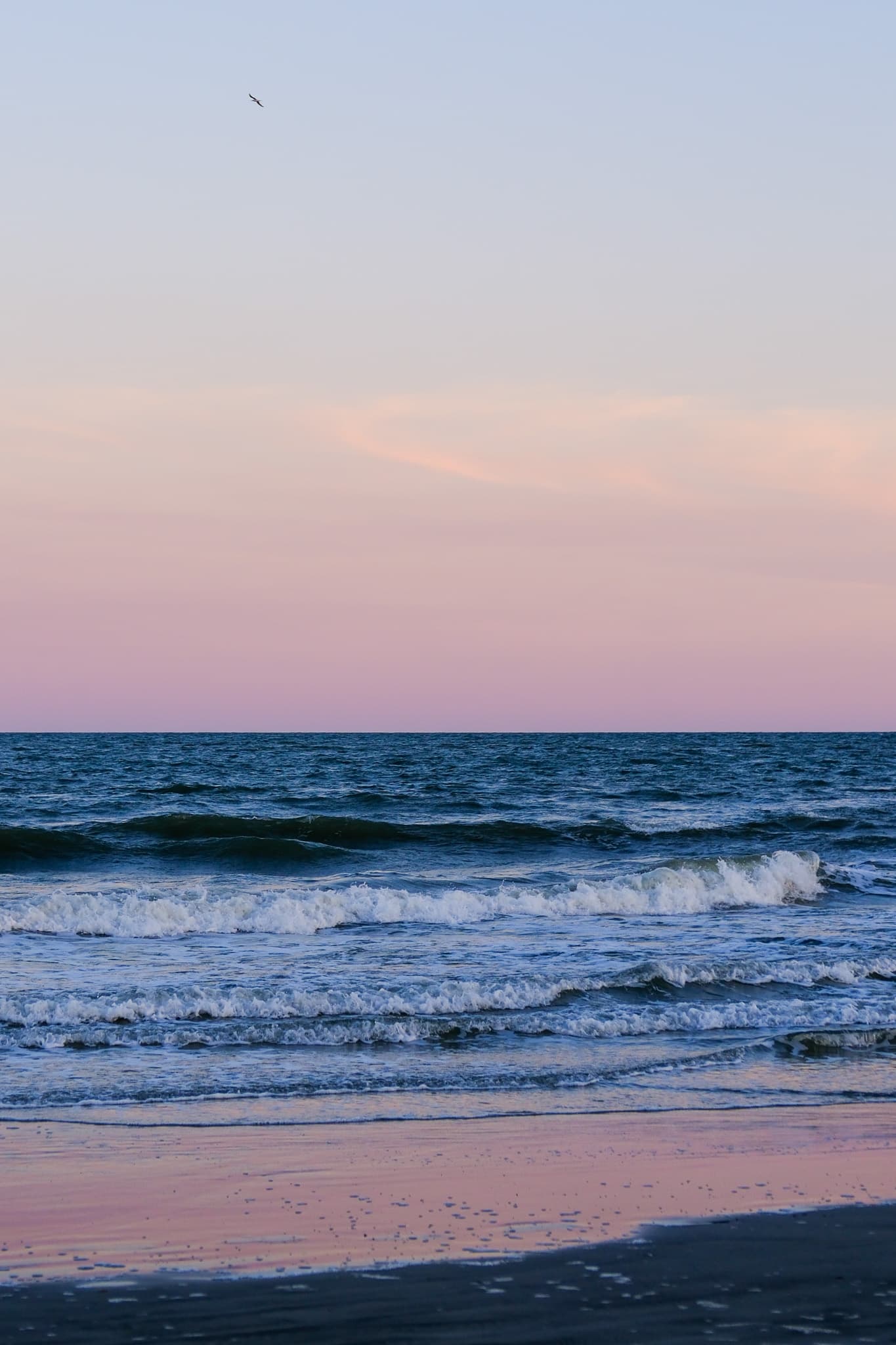 Waves rolling in under a pink evening sky
